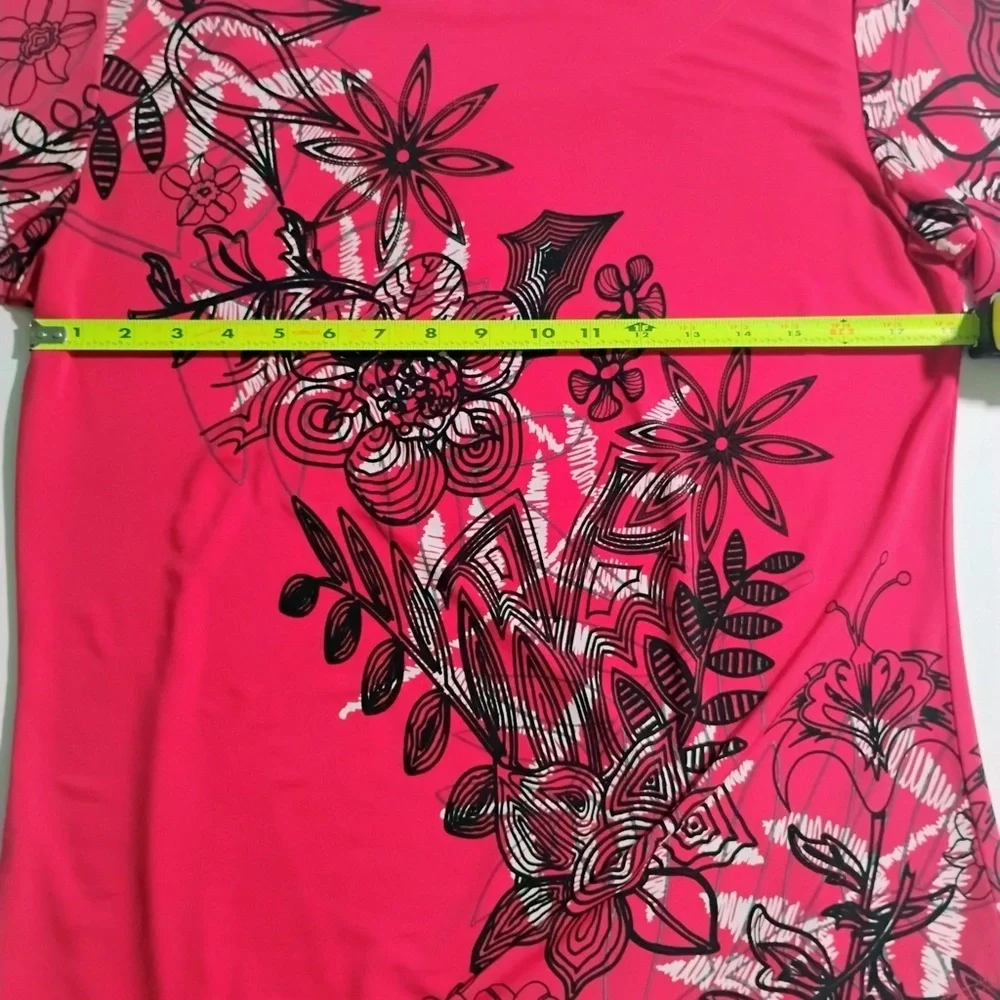 Multiples Floral Print Top Small Pink Black White 3/4 Sleeve Stretch Blouse